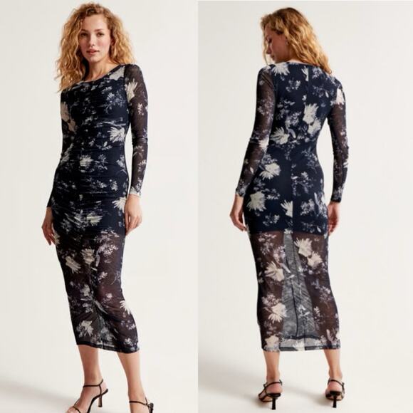 Abercrombie & Fitch Long Sleeve Floral Mesh Midi Ruching Size Small Blue Dainty - Picture 1 of 9